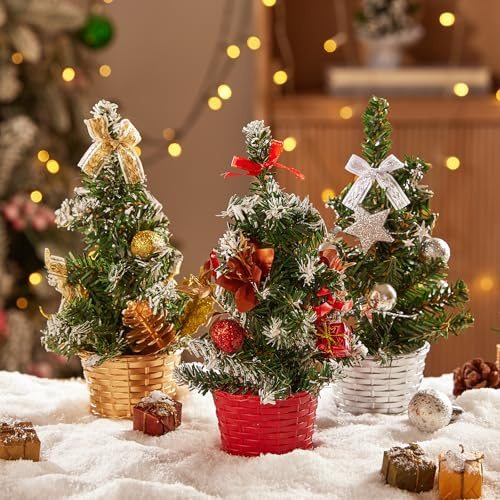Warmiehomy 3PCS Mini Table Top Christmas Trees 7.8in/20cm Indoor Red & Gold & Silver Baubles Xmas Decorations Small Artificial Christmas Tree for Home Office Desk Top Christmas Decor