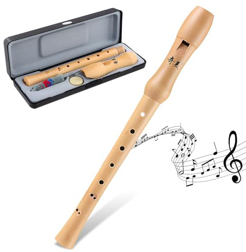 Volumoon Blockflöte aus Holz, Flöte Kinder aus Ahornholz, Sopranblockflöte, Exquisit Blockflöte mit Wischerstab Korkfett, 8-Loch Holzblockflöte für Kinder Erwachsene Anfänger (Barocke Griffweise)