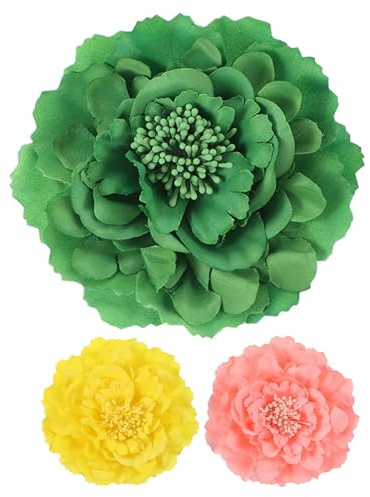 uxcell 3 Pcs Peony Flowers Hair Clip, 4.7 Inch Artificial Fabric Head Flower for Women Hair Pins Corsage DIY Crafts Clothing Wedding Birthday Party, Green/Yellow/Light Pink