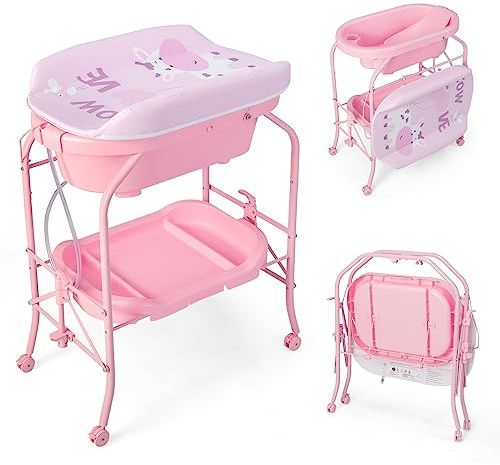 COSTWAY Bañera Bebe con Cambiador 4 en 1, Bañera Cambiador Bebe con Bandeja y 4 Ruedas Bloqueables, Cambiador Bebe Portátil y Plegable con Cesta de Almacenaje, Cojín Impermeable, Carga 35kg (Rosa)