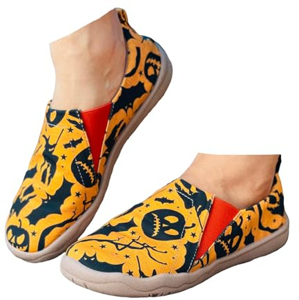 Xbemkste Halloween-skor dam slip-on fritidsskor halloween platta skor kanvas skor bekväma slip-skor bekväma promenadskor avslappnade tofflor, GUL, 37 EU