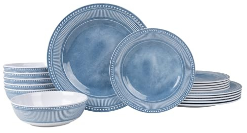 AELS Melamine Dinnerware Set of 18 Pcs, Dinner Dishes Set for Indoor and Outdoor Use, Melamine Plates and Bowls Set for 6, Dishwasher Safe, Lightweight Unbreakable, BPA Free, Soft Blue
