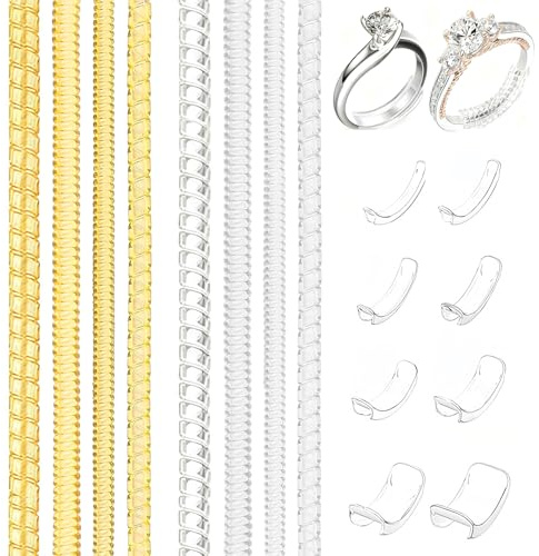 Lot de 16 Ajusteurs de Bague Invisibles, Réducteur Bagues Silicone Transparent et Doré, Ajusteurs D'anneaux en Spirale pour Bague Trop Grande, Solution de Réglage de Taille