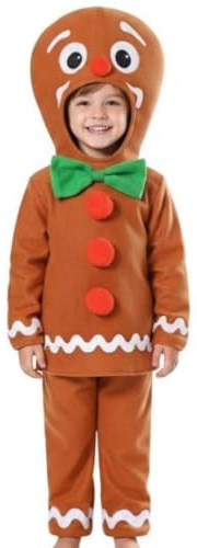 Disfraz de hombre de jengibre para niños, talla S, parte superior marrón con pajarita verde y capucha de hombre de jengibre, pantalones marrones, disfraz festivo de Navidad para niños y niñas