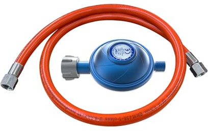 CAMPLUX GE100A Gasdruckregler 50mbar mit 80 cm Schlauch, W21,8 × 1/14 LH auf G1/4-LH, 1,7 kg/h Durchflussleistung, Gasregler für Gasgrill, Kocher und Heizgeräte
