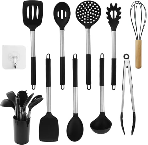 Lot de 9 ustensiles de cuisine en silicone avec poignée en acier inoxydable et 9 crochets, antiadhésifs, résistants à la chaleur, pour la cuisson au four, noir