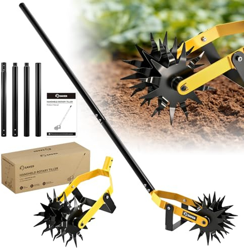 SAKER Rotary Cultivator Hand Tiller Tool – 2-in-1 Manual Garden Tiller & Weeder with Adjustable 72.4in Long Handle, 3-Blade Steel Rotary, Heavy Duty Soil Cultivator for Raised Beds, Yard & Garden