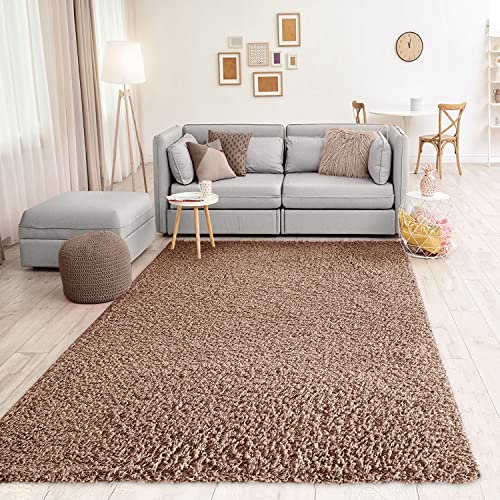 VIMODA Prime Shaggy Teppich Hochflor Langflor Teppiche Modern Einfarbig Nougat Hellbraun, Maße:Ø 80 cm Rund