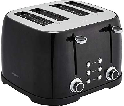 Amazon Basics 4 Slice Toaster with 4 Slots, 6 Browning Settings, Defrost, Removable Crumb Tray, Bagel Function, Cancel Button, 1600W, Black