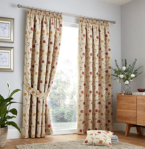 Curtina - Juliette - Par pennveck gardiner - 229 cm bredd x 229 cm fall (90 x 229 cm) i naturligt och rött