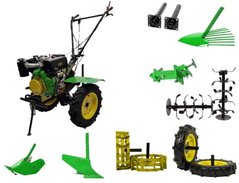 Bauen 214PD+ Einachstraktor 10 PS Diesel,Zahnradantrieb,1350 mm Arbeitsbreite,arbeitet bis zu Einer Tiefe von 30 cm,3 Gänge: 2 vorwärts & 1 rückwärts,selbstfahrend,ideal für die Eigenversorgung,Grün