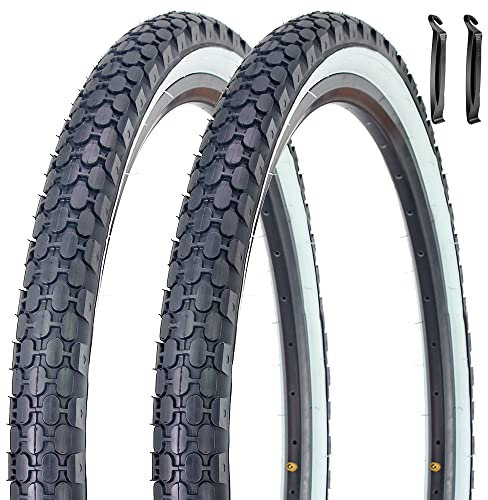 24 26 Bike Tire 24 x 2.125/26 x 2.125 Inch Folding Replacement Bicycle Tire for Beach Cruiser Bike (Pair White Sidewall with tire Lever)