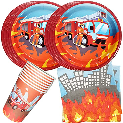 HGSHUO Partygeschirr Kindergeburtstag Deko Feuerwehrmann Geburtstag Party Geschirr Becher Pappteller Servietten Feuerwehrauto Partygeschirr Geburtstagsparty Tischdeko Set 36 Stück