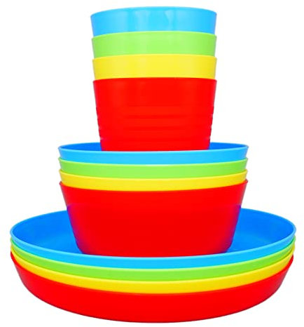 Bloomsworld Kindergeschirr-Set für Kleinkinder, 4 Kunststoffbecher, Schüsseln und Teller, wiederverwendbar, BPA-frei, Kindergarten-, Party- und Campinggeschirr für Jungen und Mädchen - Bunt