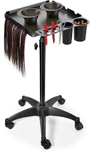 Salon Rolling Cart With 2 Magnetic Bowls, Height Adjustable Metal Aluminum Tray on Wheels for Hair Stylist, Extension Tool, Tattoo - Stickless Wheels