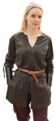 Battle-Merchant - Túnica Medieval Ylva para Mujer, Camisa Medieval precoz Ajustada, Traje de señorita, Larp, Vikingo, Pirata, Disfraz, Verde Oliva, S
