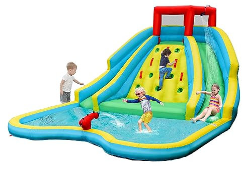 RELAX4LIFE 5 in 1 Castello Gonfiabile 452 x 362 x 228 cm con Trampolino Superiore, 2 Scivoli e 2 Spruzzi, Parete di Arrampicata, Grande Piscina, Cannone ad Acqua (senza compressore)