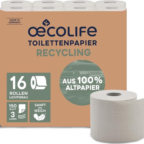 oecolife Toilettenpapier RECYCLING, 3-lagig, 16x150 Blatt, superweich, nachhaltiges Klopapier, WC Papier, wiederverwandbar, Verpackung aus 60% PCR-Anteil
