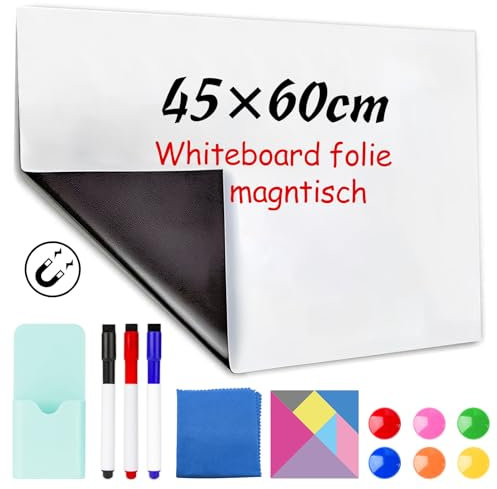 CHMMY Tableau Blanc Magnétique Adhésif 45×60cm, Film Effaçable Autocollant, 3 Feutres, 6 Aimants, Porte-Crayon Magnétique, Tissu et Puzzles