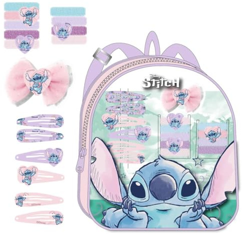 Set de Belleza de Stitch - Incluye Mochila, 1 Lazo, 6 Horquillas y 9 Coleteros - Multicolor - Ideal para sorprender a tus peques - Diseño inspirado en Stitch - Producto Original Diseñado en España