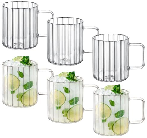 Wilmax - Verres thermiques avec anse - Lot de 6-550 ml - Verres en verre cannelé pour l'eau, le thé, le café - Verres à thé et à café - Gobelets - Lavables au lave-vaisselle