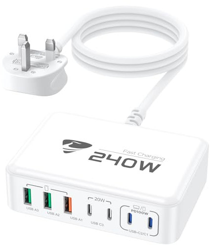 USB C Charger, 240W USB C Plug 7-Port GaN Charging Station Type C Fast Charging Plug PD+QC Travel Charger UK Multi USBC Laptop Charger for iPhone 16 15 Pro Max,Samsung Galaxy,MacBook Air,iPad,Pixel