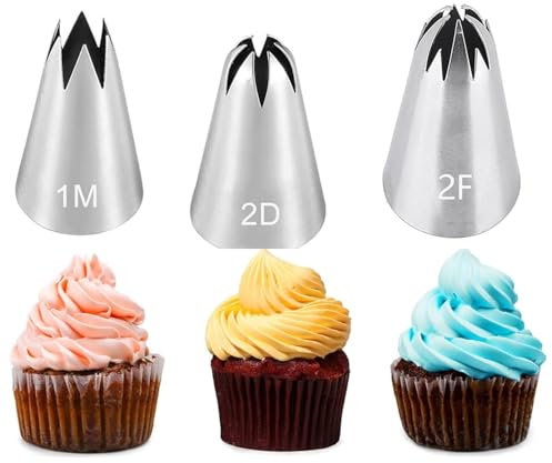 3 pcs Piping Nozzles - 1M 2D 2F Large Piping Nozzle Tips, Stainless Steel Cake Decorating Tips for Icing, Cupcakes, Pastry, Durable and Easy to Clean