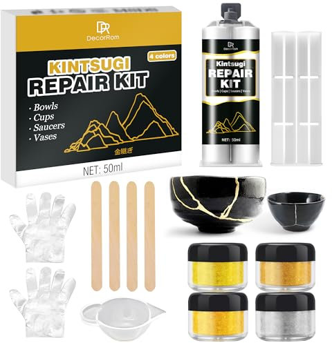 Kintsugi Reparatur Set - 50ml Goldkleber Kintsugi Set, Lebensmittelecht Keramik Reparaturset, Gold Porzellankleber zur Reparatur Zerbrochene Keramik, Glas, Porzellan, Skulpturen, Töpferwaren