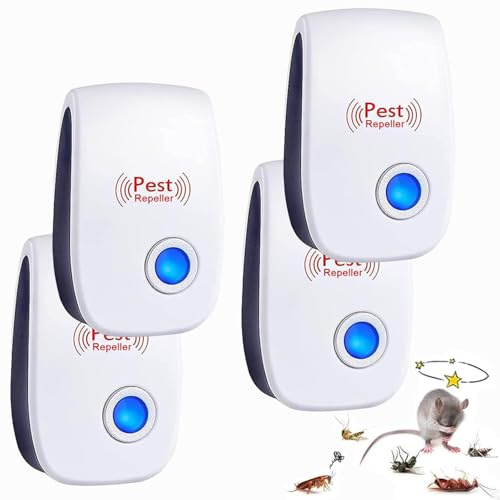 Repulsif Souris Ultrason, 4 Pack Ultrason Souris et Rats Anti Rongeur, Intérieur Répulsif Souris et Rats Ultrason Anti Souris, Rat, Rongeur, Cafard, Araignée, Moustique