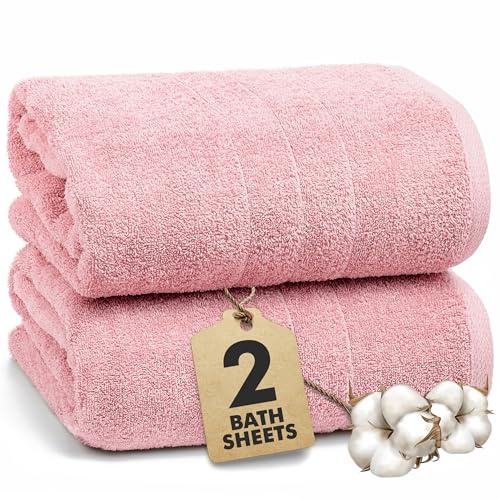 Novo Home Bath Sheets - Extra Large Bathroom Sheet Set – 550 GSM Pack of 2 Jumbo Towels Baby Pink (90x180cm) – 100% Ring Spun Cotton Soft Quick Dry Large Bath Towels for Adults Hotel Spa Bathroom Use