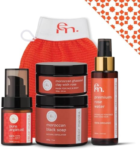 Eliksir Maroka Moroccan Hammam Ritual Set – Black Soap 200 g • Ghassoul Clay 100 g • Argan Oil 60 ml • Rose Water 100 ml • Kessa Glove | Authentic Moroccan Spa Exfoliation Kit | Vegan & Organic