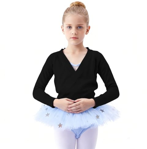 LXEASYGO Girls Ballet Wrap Tops Knitted Dance Cardigans Kids Long Sleeve Crossover Dance Sweater (UK, Age, 5 Years, 6 Years, Regular, Black)