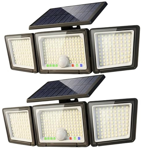 Solar Outdoor Lights Motion Sensor, 3500LM 286 LED Security Flood Lights with Visual Battery & Mode Display, 3 Lighting Modes, IP65 Waterproof 3-Head Wide Angle for Garage, Yard, Patio (2 Pack)