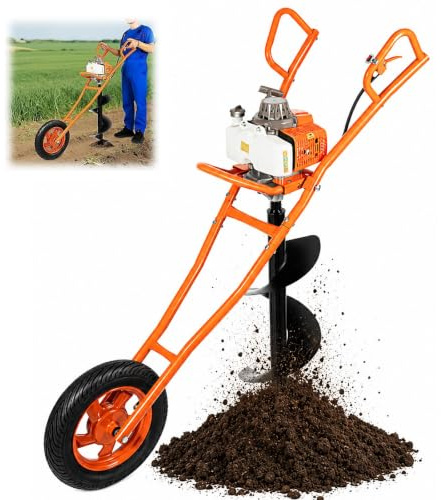 HUOMMGS Ahoyadora Gasolina 2 Tiempos Motor 63 CC 2,2KW Empuje Manual Ahoyador con 300mm Broca, Ruedas Profesional Barrena para Tierra Compactadora De Tierra para Granja, Huerto