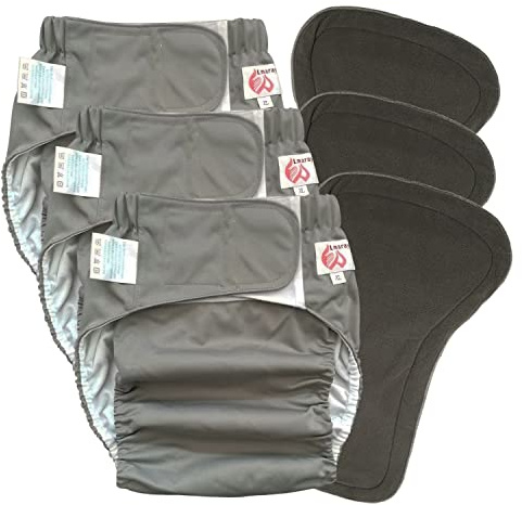 3 Pack Adult Cloth Diapers with Oversized Diaper Inserts, TPU Waterproof Nappy Reusable Washable Elderly Incontinence Care Protection Nappies Underwear for Men or Women, Waist 39.4-53.15Inches（XL）