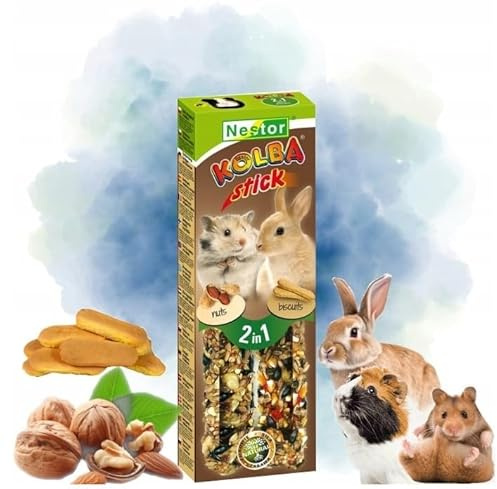 Twin Pack Hamster and Rabbits Two Sticks Food BISCUITS and NUTS Flavor 115g Guinea Pig Rat Mouse Treats Gerbil Rodents Animal Pet 2 in 1 Nibbling Foods Seed Snacks Pack with Hooks