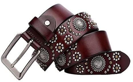 JIARY Cinturón con Tachuelas Cinturón de Cuero para Hombre Remache en Forma de Flor Vintage Hecho a Mano Cinturones de Estilo Hip Hop Hebilla de aleación Unisex,Marrón,115cm/45.2''