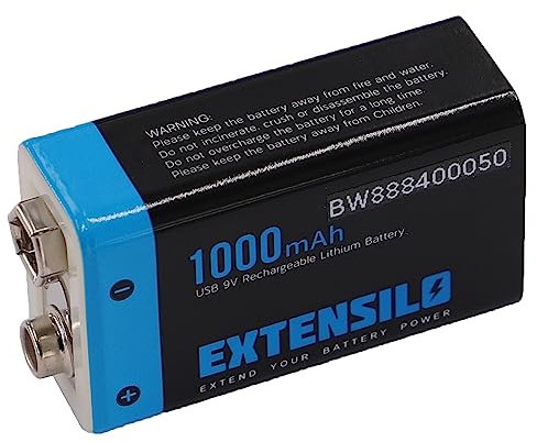 EXTENSILO 9V-Akku Block für Diverse Geräte (1000mAh, 9V, Li-Ion), Ready-to-use, mit Micro USB Buchse