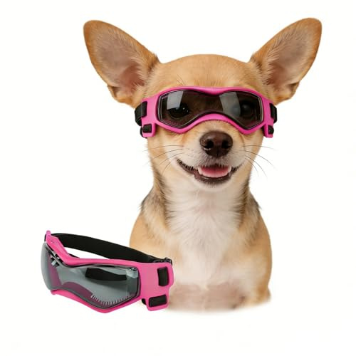 Enjoying Gafas de Sol para Perro de Raza pequeña, Gafas con protección Ultravioleta, para Cachorros, para Coche, antiviento, Antipolvo, antivaho, Transpirables, Correas Ajustables, Rosa Llamativo