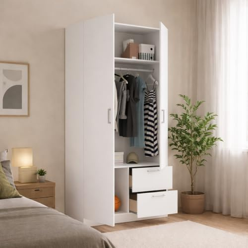 Dmora - Garde-Robe 2 Portes Velino, Cintre pour Chambre, Armoire 2 tiroirs, 100x52h215 cm, Blanc