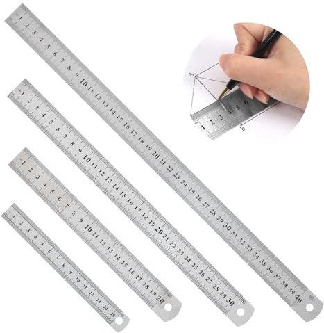Edelstahl Lineal Metall Lineal Set 4 Stück 15cm 20cm 30cm 40cm mit Doppelseitenskala Kante Messwerkzeug Metall Stahllineal für Lehre Büro Zeichnen Engineering