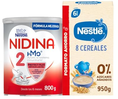 NIDINA - Mega Pack Leche de continuación en polvo Nidina 2 800g + Papilla Nestlé para bebés 8 cereales 950g