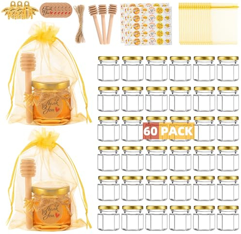 60 Pack Mini Glass Honey Jars Party Favors,1.5 oz Small Hexagon Glass Honey Jars with Dippers,Lids,Gold Bags,Bee Charms,Thank You Cards,Jute,Cute Stickers for Baby Shower Favors,Wedding party gift