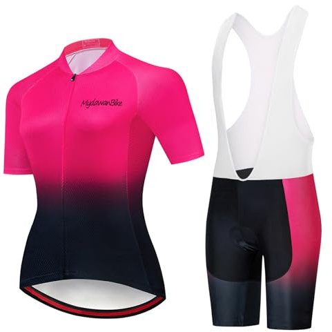 Maillot Cyclisme Femme Tenue Cycliste Été,Vêtements de Velo VTT Manche Courte MTB Jerseys et Cuissard à Bretelle avec 19D Coussin Gel,Ensemble Combinaisons de Cycling Respirant Séchage Rapide(8,M)