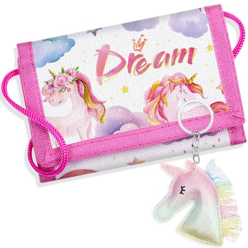 Hestya Kinder Brustbeutel - Dreifach Gefaltete Geldbörse mit Schlüsselanhänger, Portemonnaie zum Umhängen Geschenk für Jungen & Mädchen (Einhorn)
