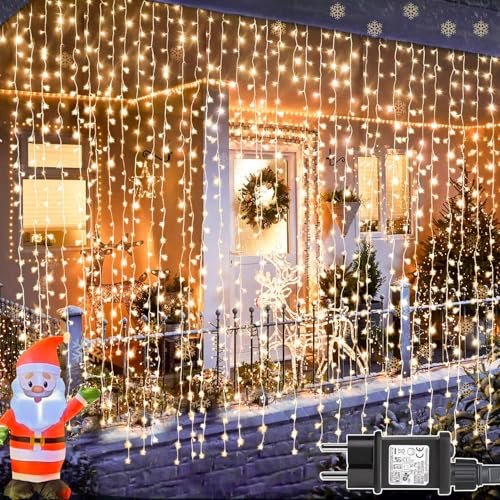 yowin Tenda Luminosa Natale 300 LED 3x3m Luci Natale Esterno con Spina, Timer, 8 Modalità Addobbi Natalizi per La Casa Impermeabile Cascata Luci per Finestra Balcone Festa Interno Esterno Decorazioni