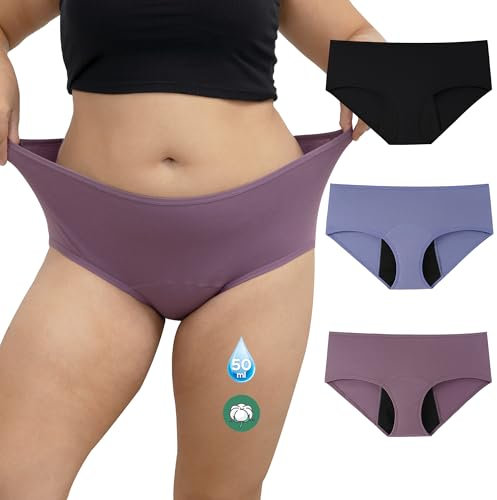 INNERSY Mutande Ciclo Mestruale Donna Flusso Abbondante Slip Mestruali Taglie Forti Cotone Pacco da 3 (3XL, Nero, Blu, Viola)