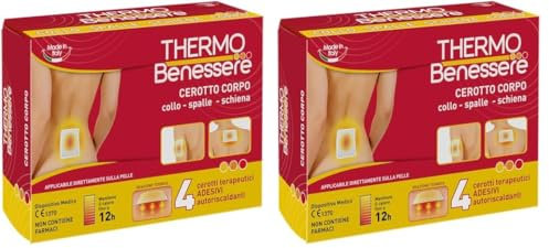 Cerotto Caldo Corpo - Ideale per Dolori Muscolari e Articolari - Dolori Collo - Spalle Schiena – Calore Fino a 12 Ore - Formato: 4 Cerotti Corpo - Thermo Benessere (Confezione da 2)