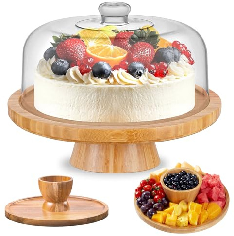 MEETOZ Alzata per torte in legno di acacia con coperchio in acrilico, supporto rotondo per torte da 30,5 cm, set multifunzione 2 in 1, vassoio per salumi, formaggi, patatine e salse, nachos, supporto