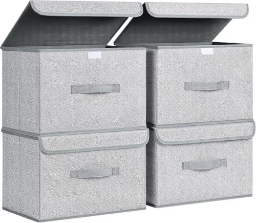 Homsorout Aufbewahrungsboxen mit Deckel - 4er Set Aufbewahrungskorb Stoff Faltbare Aufbewahrungsbox mit Transparentem Sichtfenster, 38 x 25 x 25 cm Faltbox für Kleidung, Würfelregal, Textur Grau